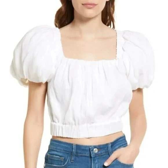 Frame Denim Tops - Frame Ruched Crop Puff Sleeve Blouse in Blanc Size Medium NWOT‎